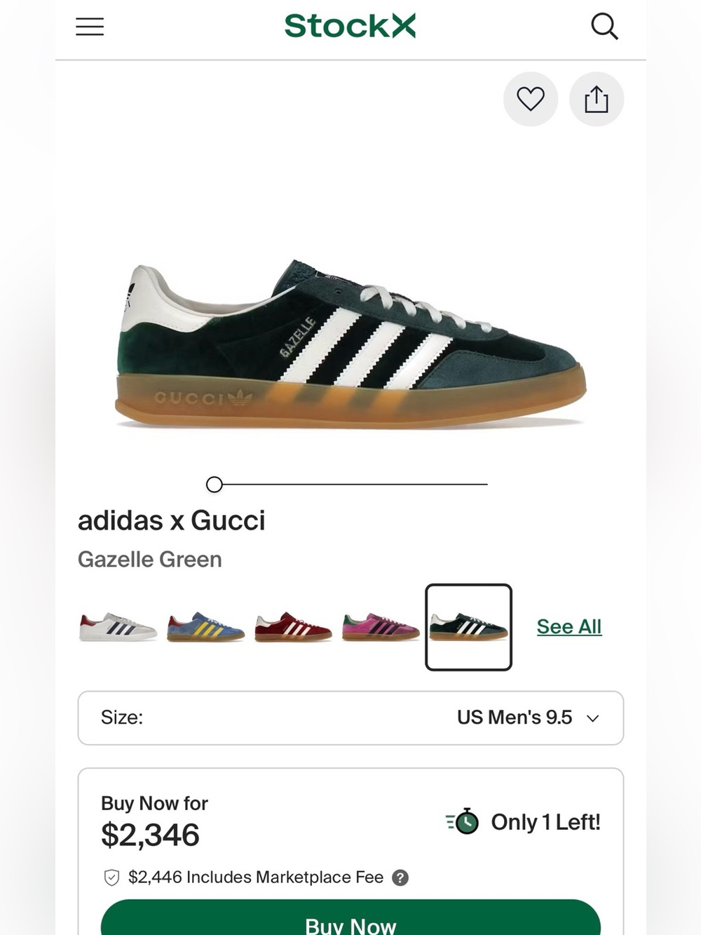 Gucci Adidas Gazelle Suede Sneakers in Forest Green & White - Picture 7 of 11